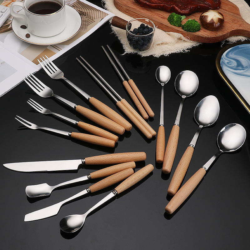 Creative Western-style beech wood handle stainless steel tableware, household spoons, hotel dessert spoons, forks, chopsticks and knives, solid wood handle tableware full figure