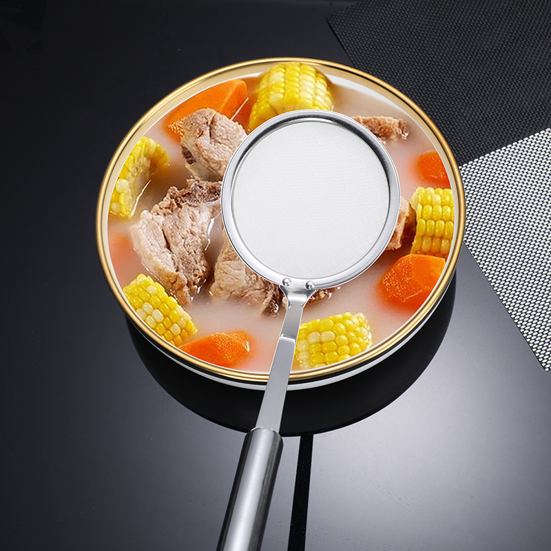 304 stainless steel skimming and foaming spoon, foaming and skimming hot pot strainer, a magic tool for separating residue and skimming, oil separator and oil filter net spoon Specification drawing