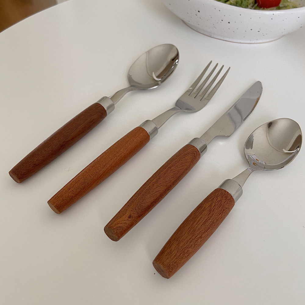 ins style cute round wooden handle knife, fork and spoon set, Western tableware, steak knife, fork and spoon, dessert small spoon, 304 stainless steel Specification drawing