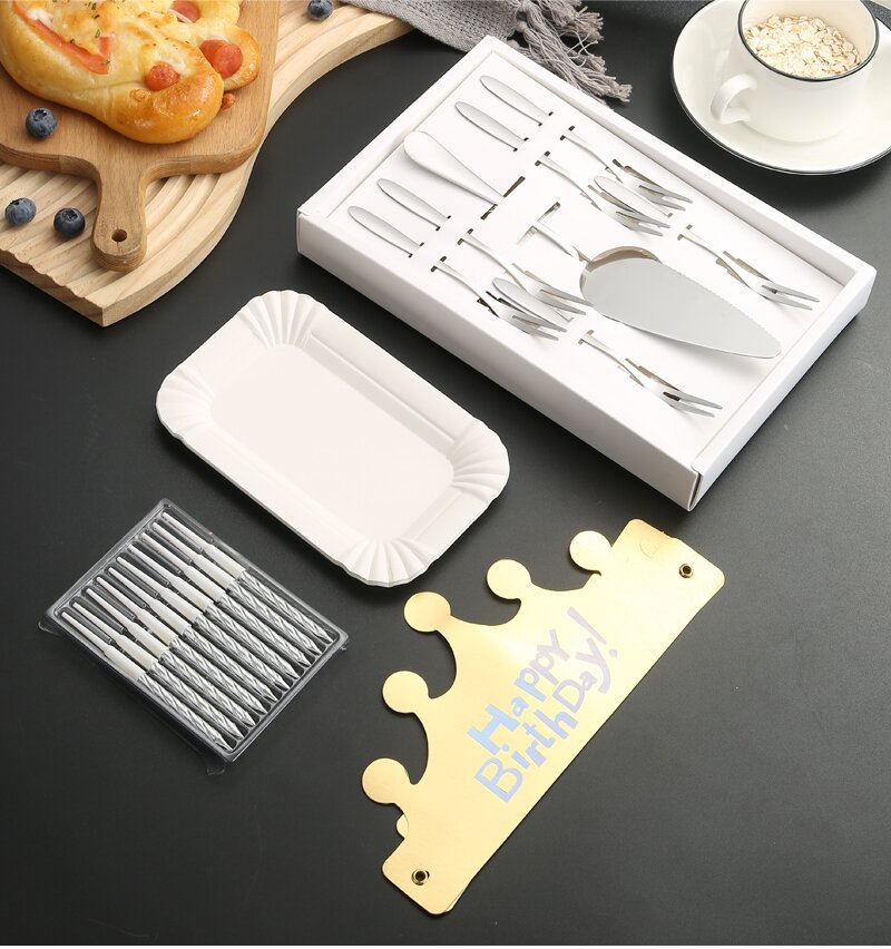 Stainless steel cake knife and fork, birthday dinner plate, candle hat, high-end boxed birthday cake tableware set full figure