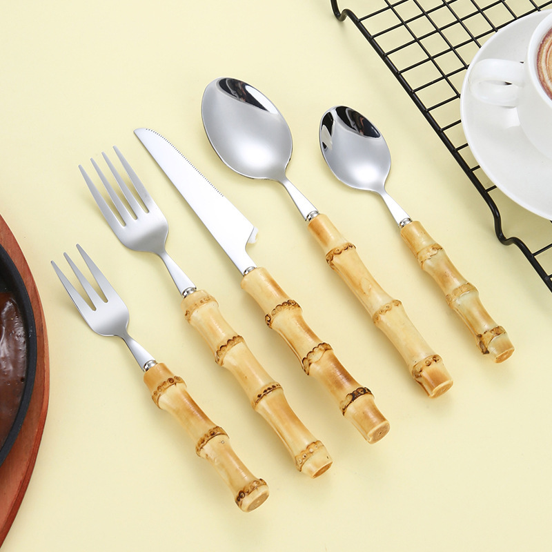 Creative natural bamboo and wood handle 304 stainless steel knife, fork and spoon tableware, home Western-style steak knife and fork set, dessert spoon Specification drawing