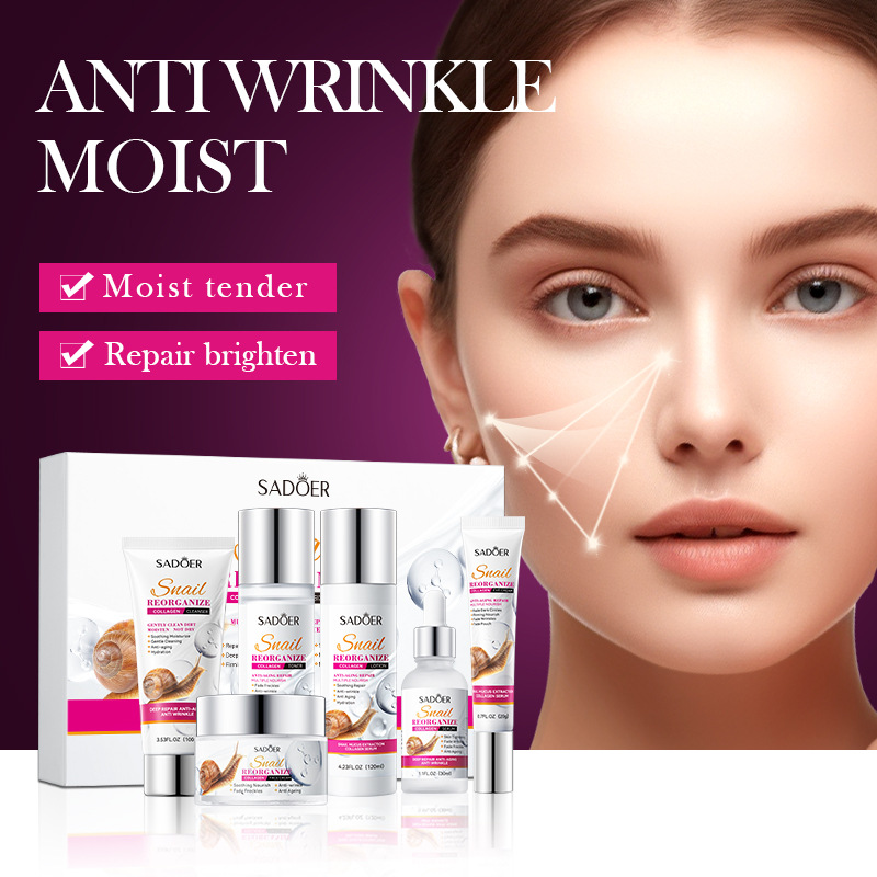 Cross-border export wholesale of SADOER Snail Recombinant Collagen Six-piece Moisturizing Skin Care Set in full English Item Picture