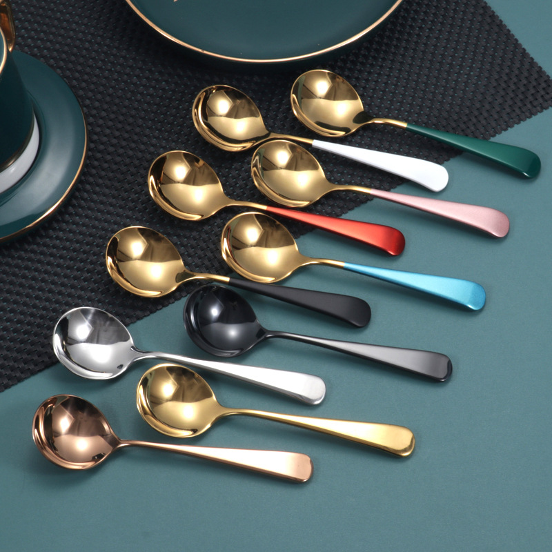Factory wholesale of popular 304 stainless steel round spoons, children's rice spoons, tableware, dessert soup spoons, creative spoons, Logo details Picture