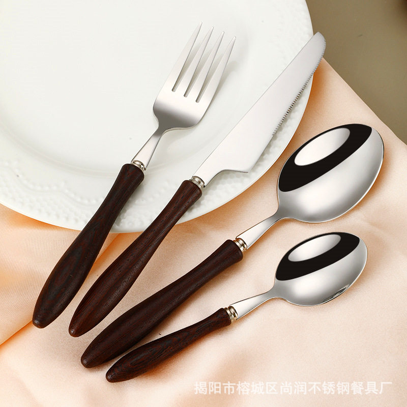 304 stainless steel Western tableware, knives, forks, spoons, dessert forks, spoons, solid wood handles, forks, small spoons, steak knives, restaurant details Picture