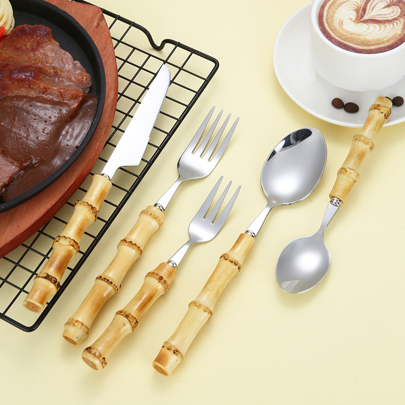 Creative natural bamboo and wood handle 304 stainless steel knife, fork and spoon tableware, home Western-style steak knife and fork set, dessert spoon details Picture