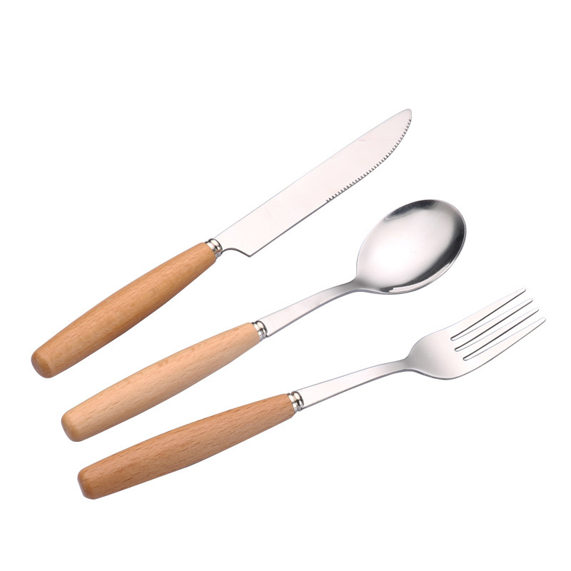 Creative Western-style beech wood handle stainless steel tableware, household spoons, hotel dessert spoons, forks, chopsticks and knives, solid wood handle tableware Item Picture