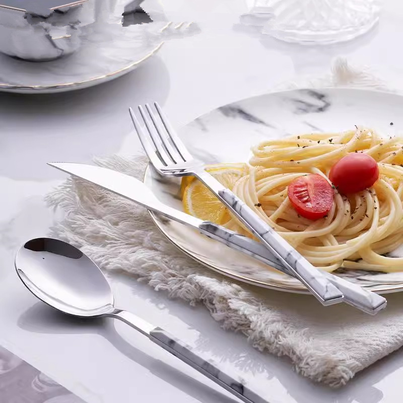 Nordic marble-patterned stainless steel Western cuisine knife, fork and spoon set, home steak knife and fork, hotel Western cuisine knife and fork Specification drawing