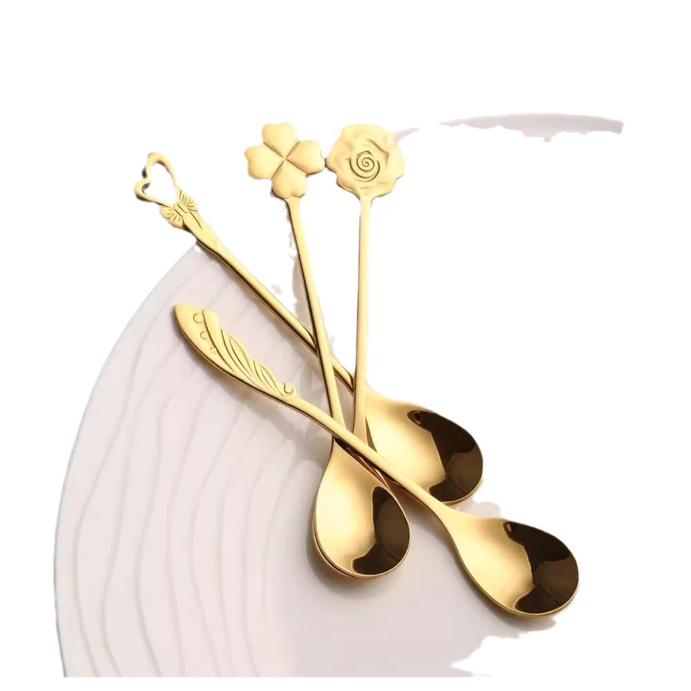 Creative four-leaf clover coffee spoon, 304 stainless steel, cute stirring spoon, dessert spoon, ins golden ice cream small spoon Item Picture