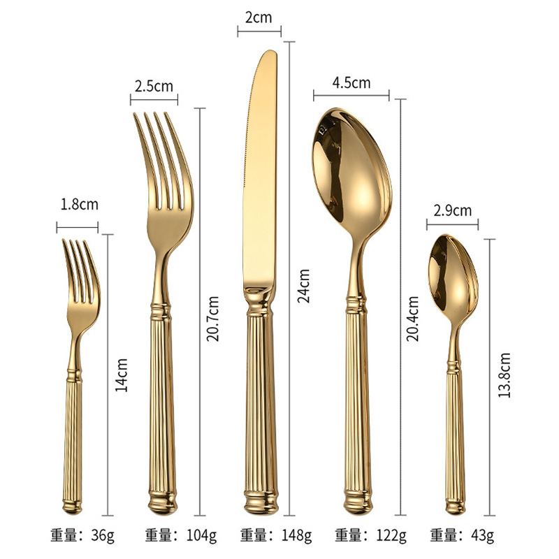 French retro steak knife, fork and spoon set, 304 stainless steel Western tableware, restaurant and hotel Roman column dessert fork and spoon Item Picture
