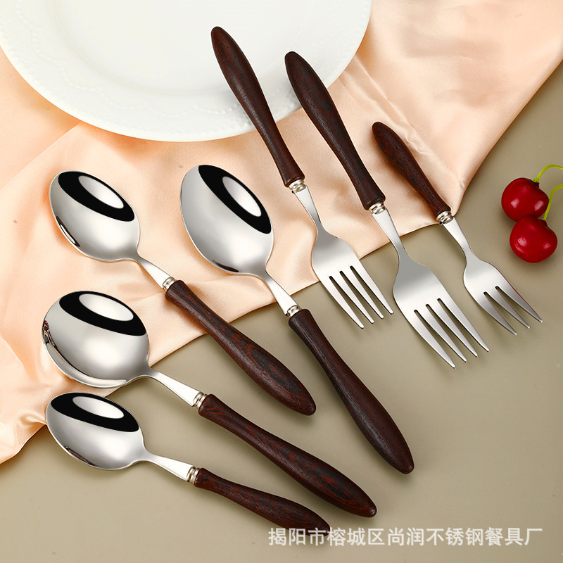 304 stainless steel Western tableware, knives, forks, spoons, dessert forks, spoons, solid wood handles, forks, small spoons, steak knives, restaurant Specification drawing