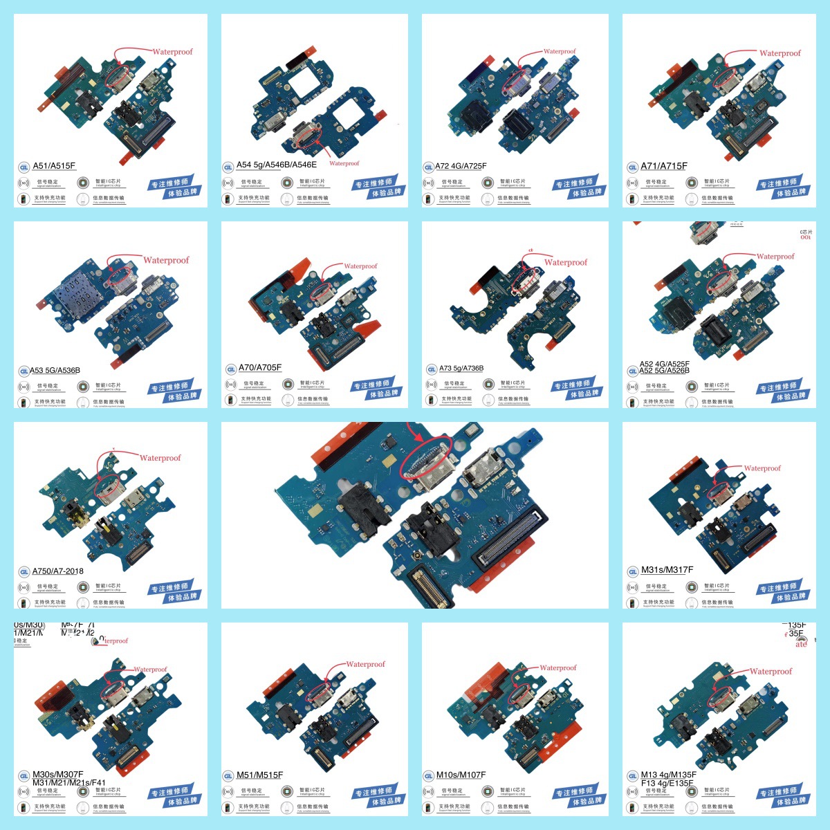 It is suitable for Samsung A01, A10, SA20, SA30 and SA70 mobile phones. It comes with a tail plug, a charging small board, a ribbon cable and a microphone full figure