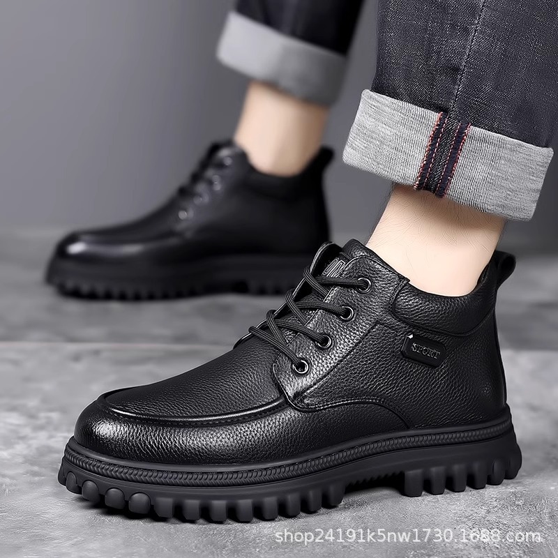 Wholesale of 2024 new men's British retro high-top shoes with fleece warmth thick-soled casual leather boots and workwear shoes for autumn and winter full figure