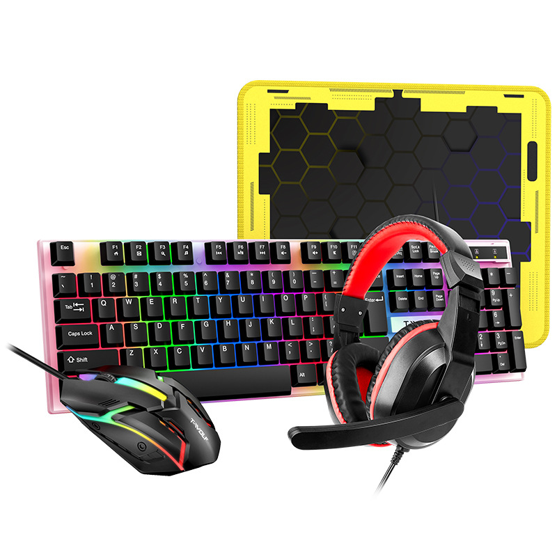 T-WOLF TF240 Keyboard and Mouse Set Spanish Keyboard, Mouse, Headphones and Mouse Pad Four-piece Set Glowing Item Picture