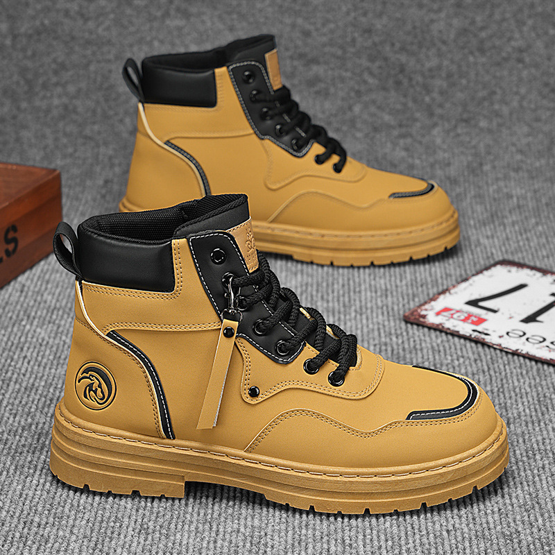 Martin Boots Men 2024 Autumn Men's high-top British-style workwear yellow boots Men's Korean-style versatile thick-soled ankle boots Specification drawing