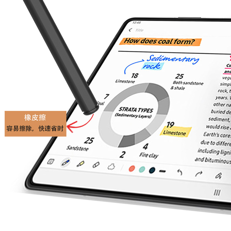 The new passive Samsung electromagnetic pen is compatible with the Spen stylus and features a 4096-level pressure-sensitive magnetic attraction to prevent accidental touch Specification drawing