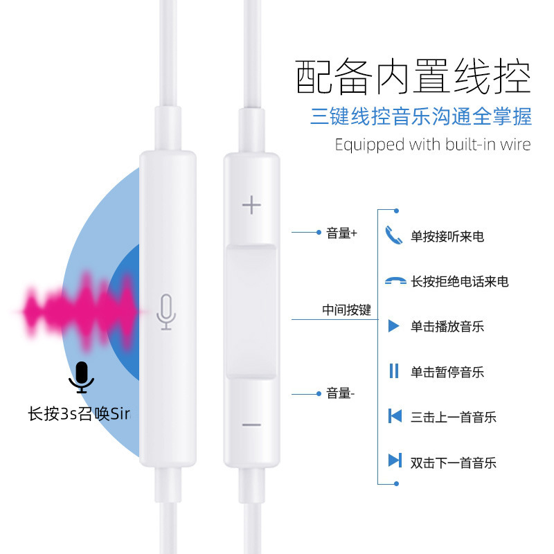 Compatible with Apple 11/12/13/14/15/16 Apple wired plug-and-play headphones with microphone control Specification drawing