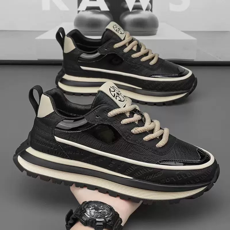 New men's shoes for Spring 2025: Breathable leather sports shoes for men, trendy and versatile, thick-soled casual dad shoes for men full figure