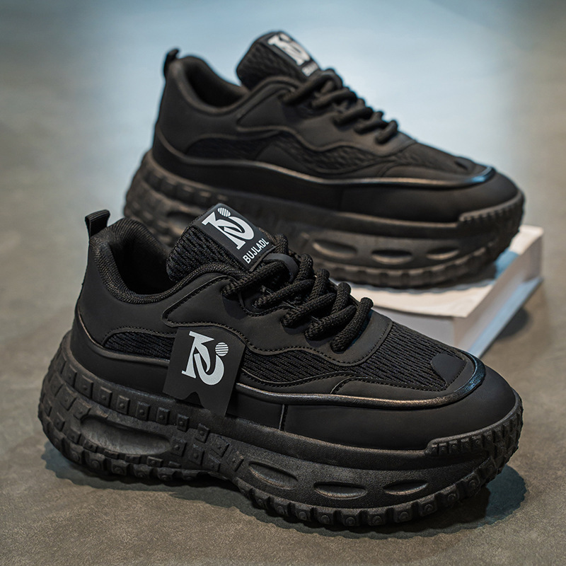 New breathable mesh sports shoes for men in summer, trendy and versatile thick-soled height-increasing casual black dad shoes details Picture