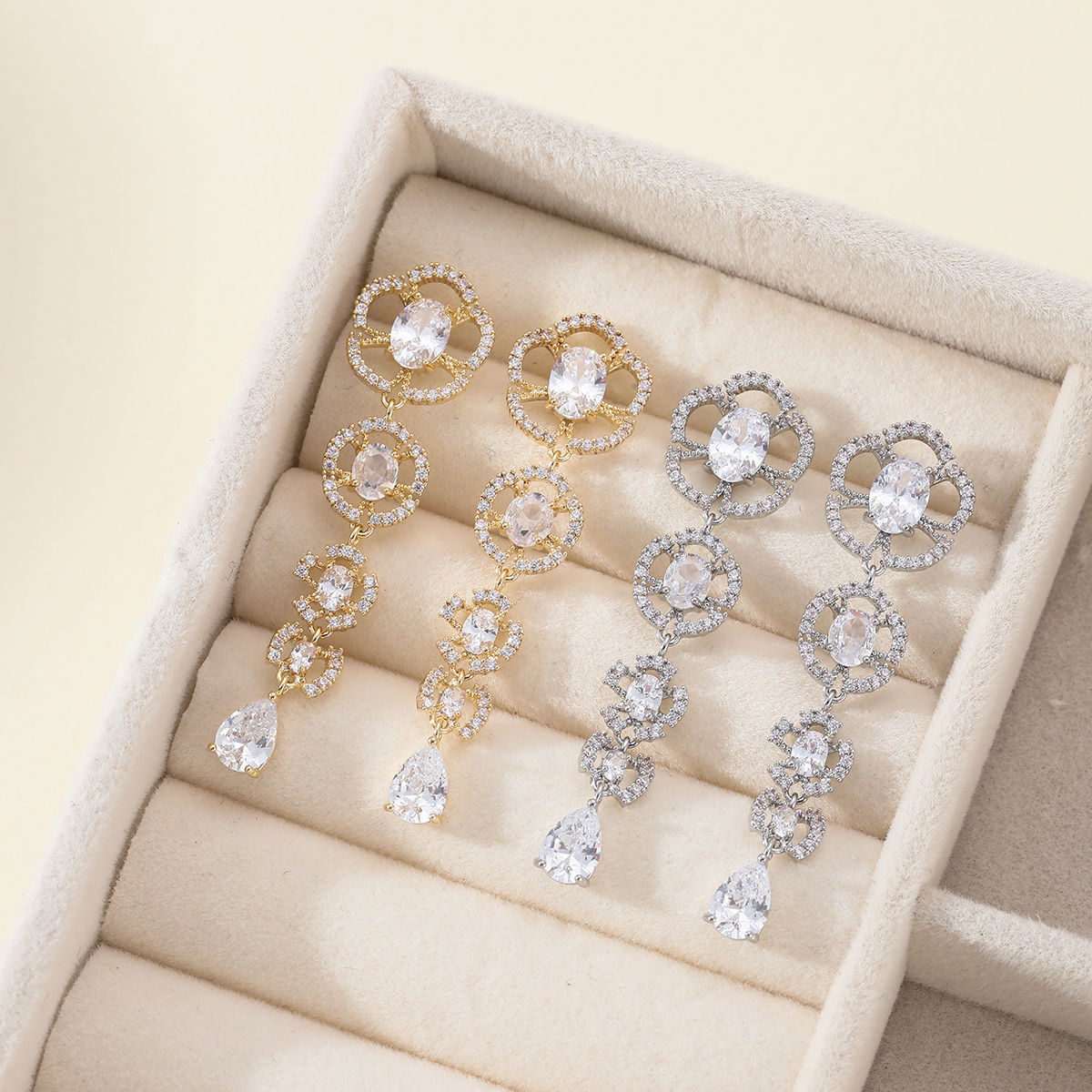 Xuhui brand exquisite and light luxury copper plated with real gold and zircon inlaid 925 silver needle luxurious camellia fashionable and elegant stud earrings Application Scenario
