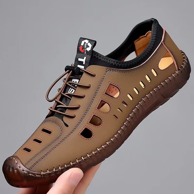 Men's leather sandals, perforated and breathable, 2024 summer new dad shoes, comfortable outdoor net shoes, men's shoes wholesale Specification drawing