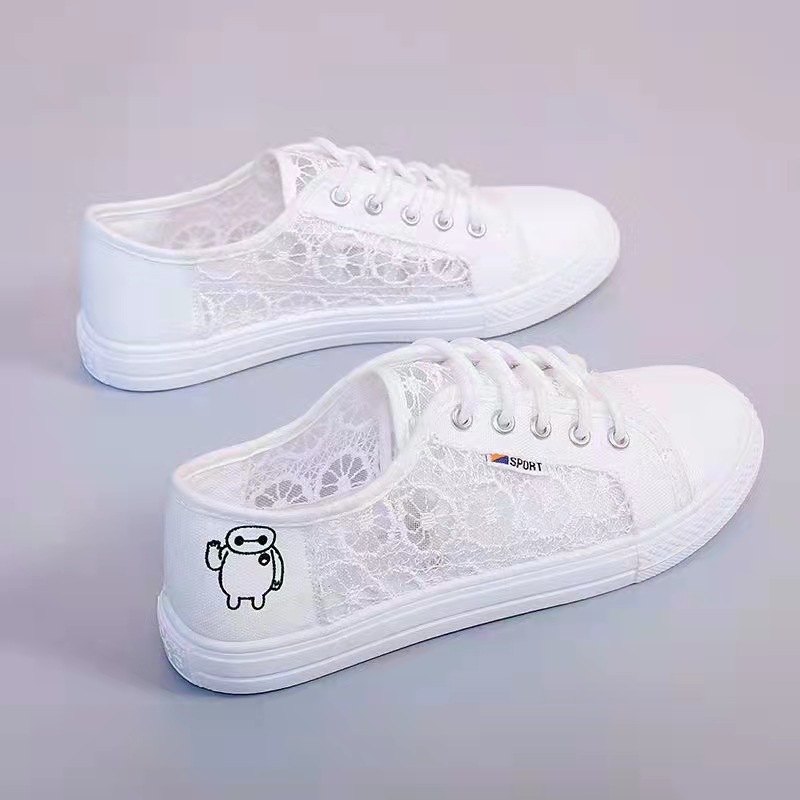 2024 Summer new lace breathable white sneakers for women, Korean version student shoes, mesh canvas shoes, flat board shoes, consignment full figure