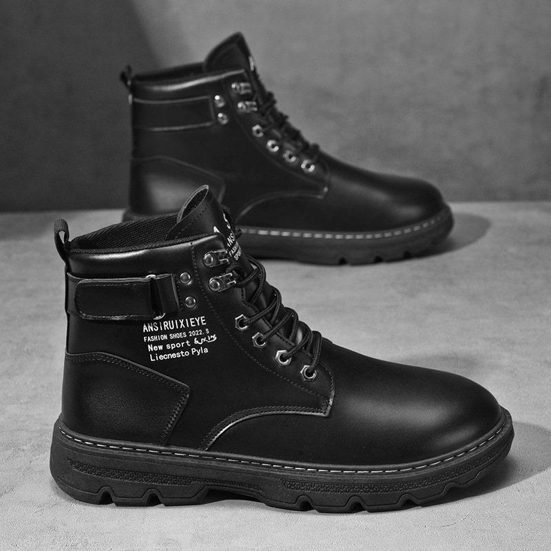New men's shoes for autumn: High-top Dr. Martens boots, men's trendy and versatile thick-soled work shoes, casual leather boots, and black ankle boots full figure