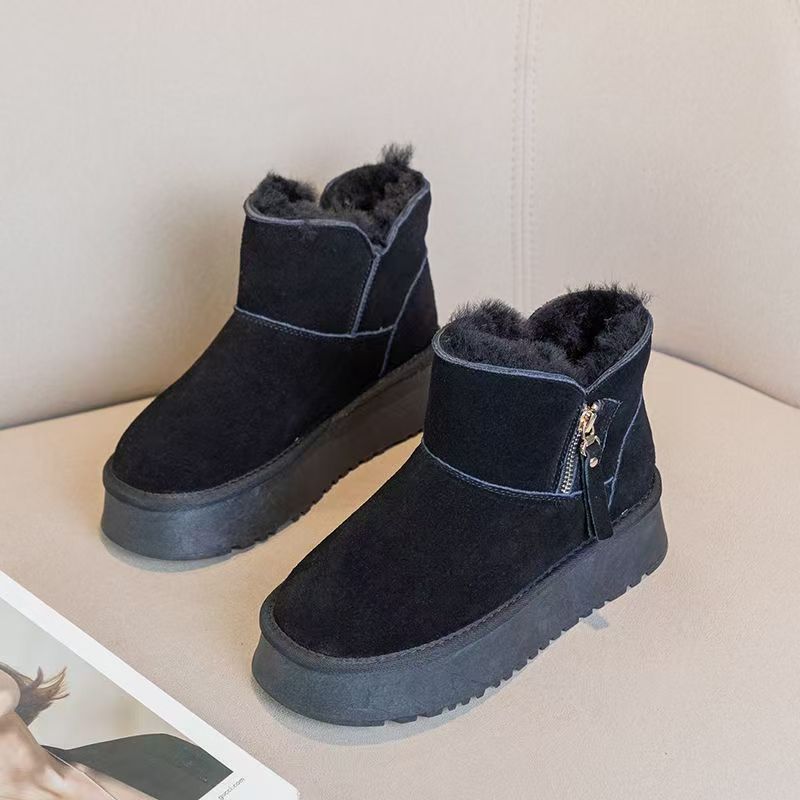 New winter 2024 faux fur integrated Northeast snow boots for women: Short, thick-soled, height-increasing wool and warm snow cotton boots Specification drawing