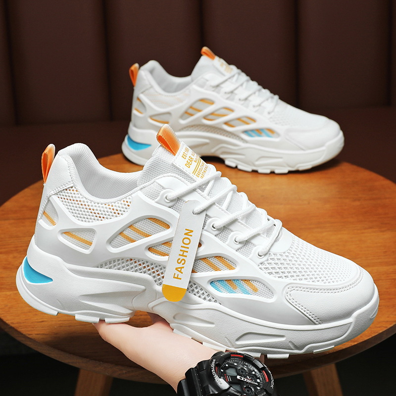 Spring men's shoes: New breathable mesh sports shoes, men's trendy and versatile thick-soled white sneakers, casual dad trendy shoes full figure