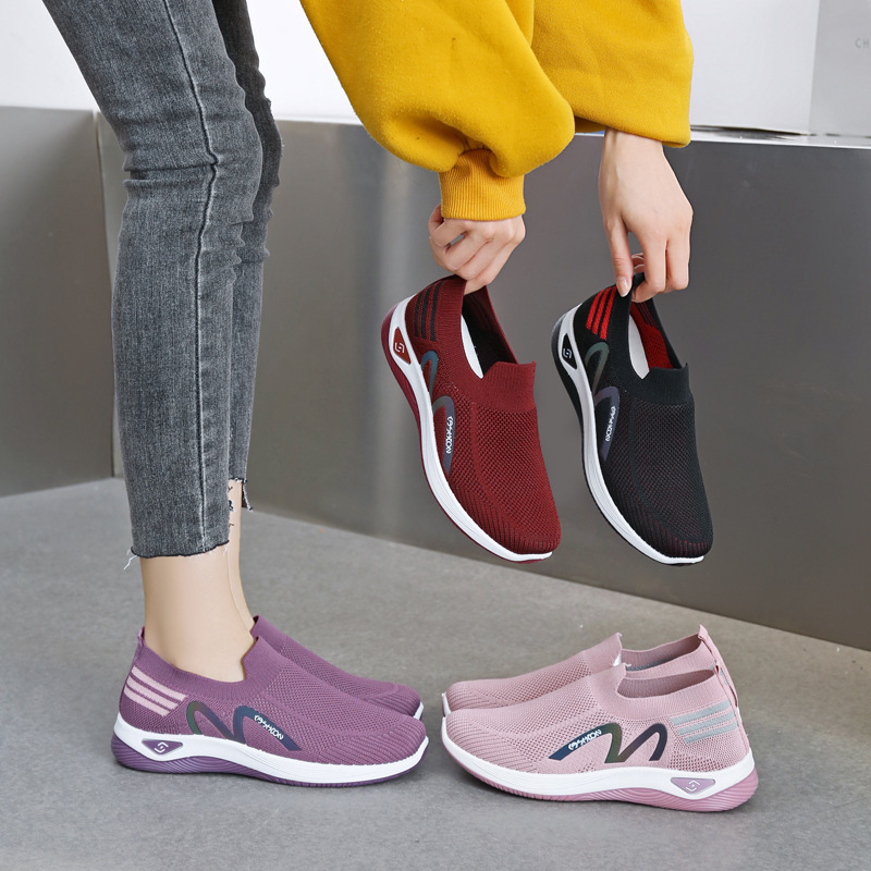 2025 Foreign Trade Flying Weaving One-foot sock opening casual women's shoes Massage sole breathable and lightweight mom shoes for fitness walking details Picture