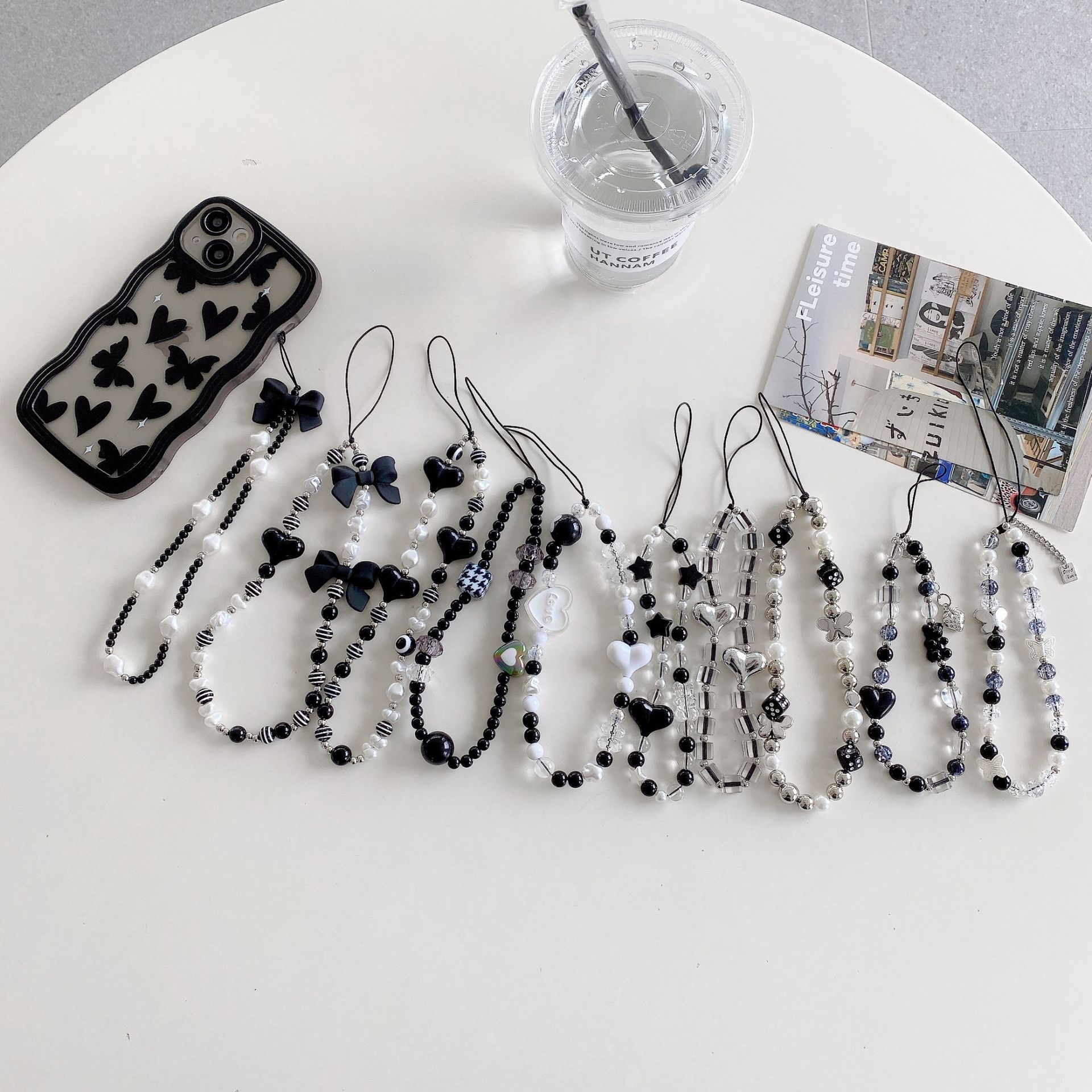 White pearl bow for mobile phone chain, ins simple style square pendant, heart-shaped striped bead accessory, mobile phone lanyard full figure