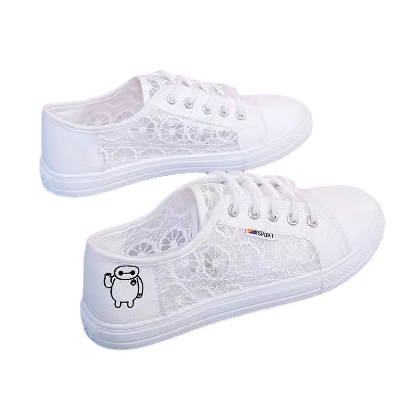 2024 Summer new lace breathable white sneakers for women, Korean version student shoes, mesh canvas shoes, flat board shoes, consignment Item Picture