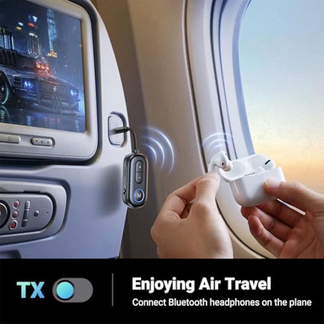 New Bluetooth 5.4 receiver transmitter, vehicle-mounted aux 2-in-1 wireless transmitter dedicated to aircraft fitness TV Application Scenario