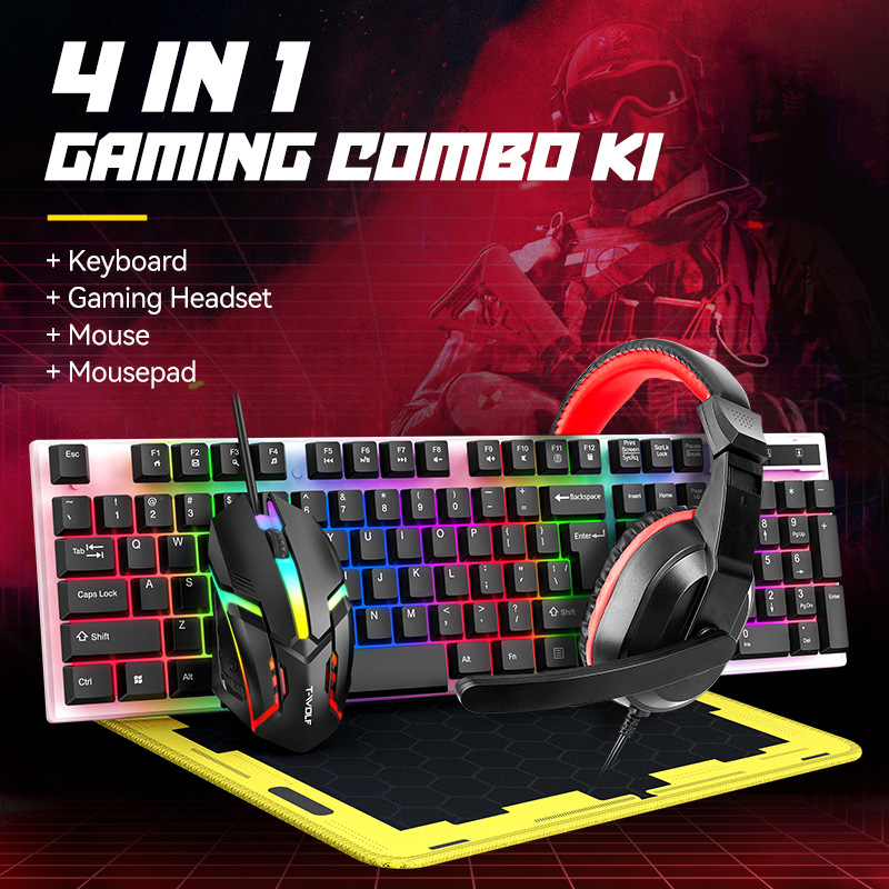 T-WOLF TF240 Keyboard and Mouse Set Spanish Keyboard, Mouse, Headphones and Mouse Pad Four-piece Set Glowing details Picture