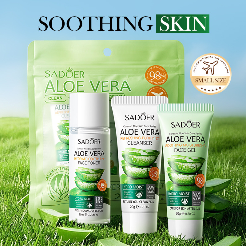 Full English SADOER Aloe Vera Travel Three-piece Set Facial Cleanser, Aloe Vera Gel Toner, Moisturizing Cross-border export wholesale Specification drawing