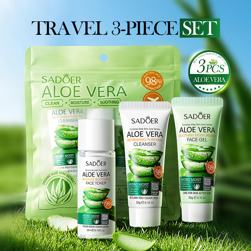 Full English SADOER Aloe Vera Travel Three-piece Set Facial Cleanser, Aloe Vera Gel Toner, Moisturizing Cross-border export wholesale details Picture
