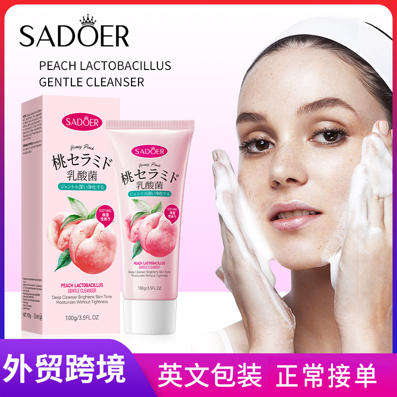 All-english SADOER Peach Lactic Acid Bacteria Gentle Facial Cleanser for cleansing the face, cross-border export wholesale full figure