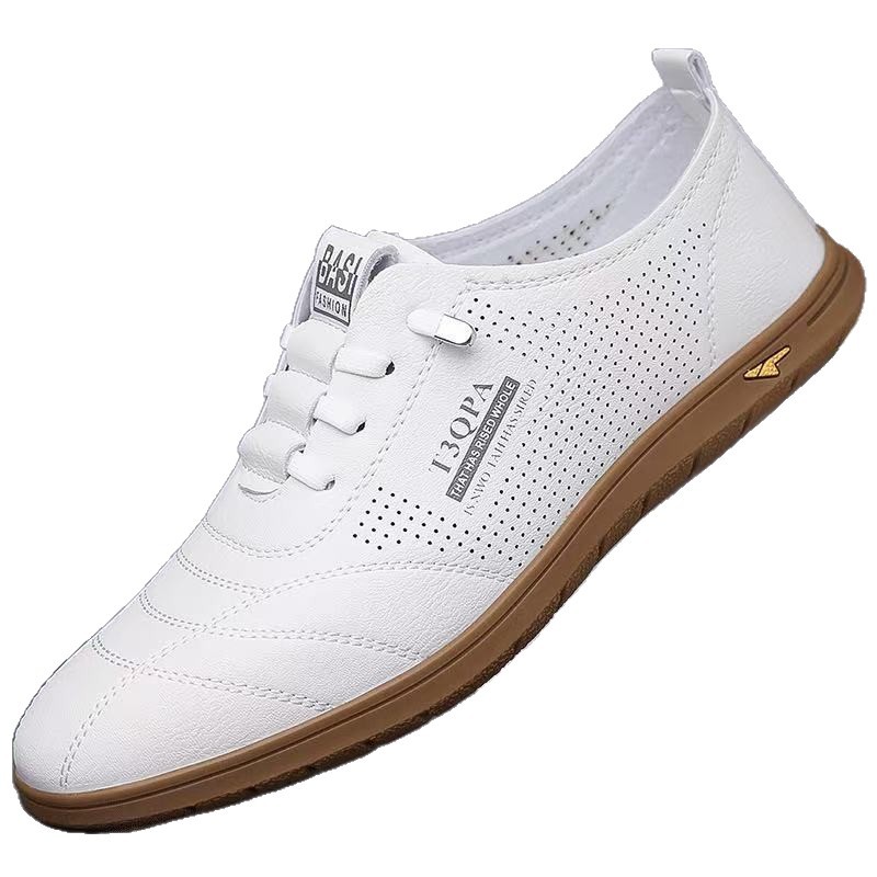 Summer men's shoes: New men's soft-soled breathable white sneakers, one-step driving shoes, fashionable and casual hollowed-out leather shoes for men Item Picture