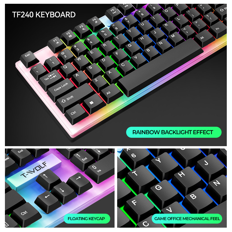 T-WOLF TF240 Keyboard and Mouse Set Spanish Keyboard, Mouse, Headphones and Mouse Pad Four-piece Set Glowing Application Scenario
