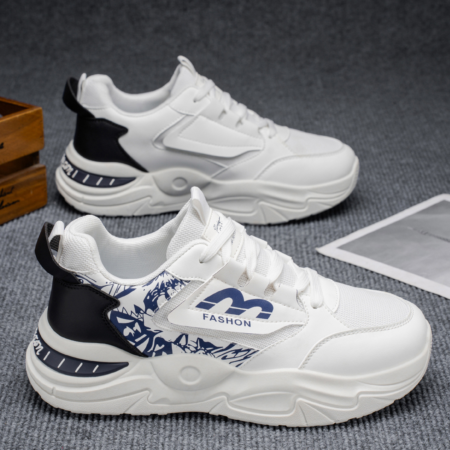 New breathable mesh sports shoes for men in summer, trendy and versatile white sneakers, thick-soled casual dad shoes for men Specification drawing