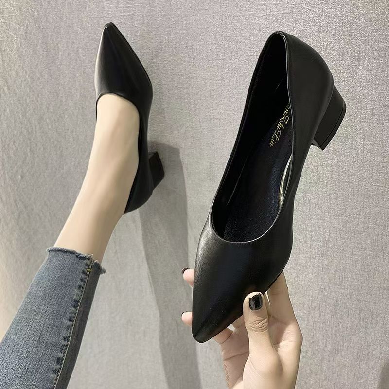不累脚职业礼仪高跟鞋女粗跟软皮鞋黑色绒面工作尖头单鞋212
