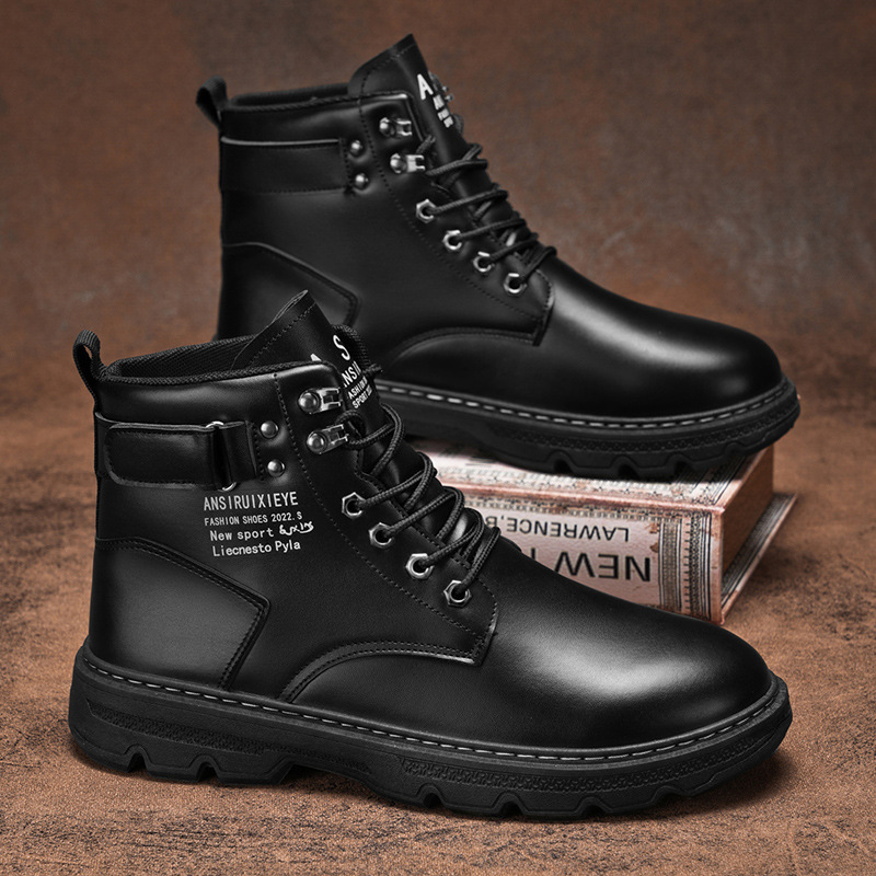 New men's shoes for autumn: High-top Dr. Martens boots, men's trendy and versatile thick-soled work shoes, casual leather boots, and black ankle boots Specification drawing