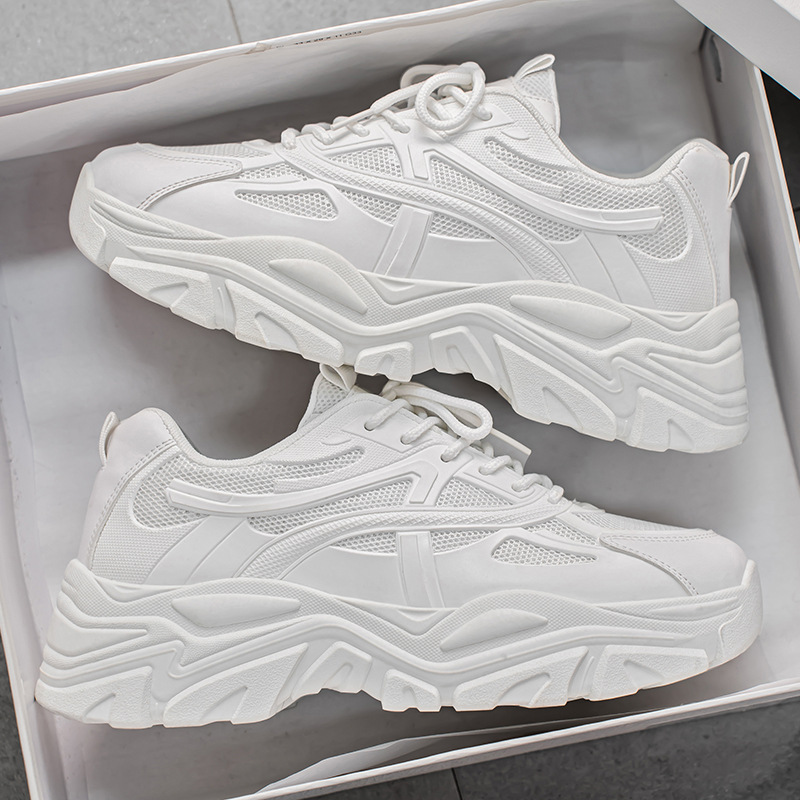 New breathable mesh white sneakers for men's summer, trendy and versatile thick-soled sports shoes, casual dad trendy shoes details Picture