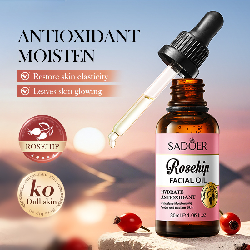 Cross-border export wholesale of SADOER rosehip Antioxidant Hydrating Facial Essential Oil Moisturizing Essence in full English full figure