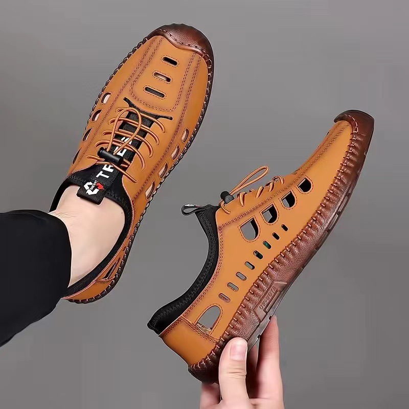 Men's leather sandals, perforated and breathable, 2024 summer new dad shoes, comfortable outdoor net shoes, men's shoes wholesale details Picture