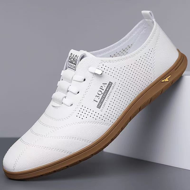 Summer men's shoes: New men's soft-soled breathable white sneakers, one-step driving shoes, fashionable and casual hollowed-out leather shoes for men details Picture