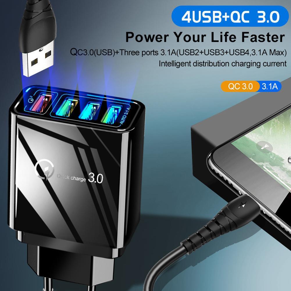 QC3.0 Fast charging 4USB multi-port travel phone charger in stock for US, European and British standards Specification drawing