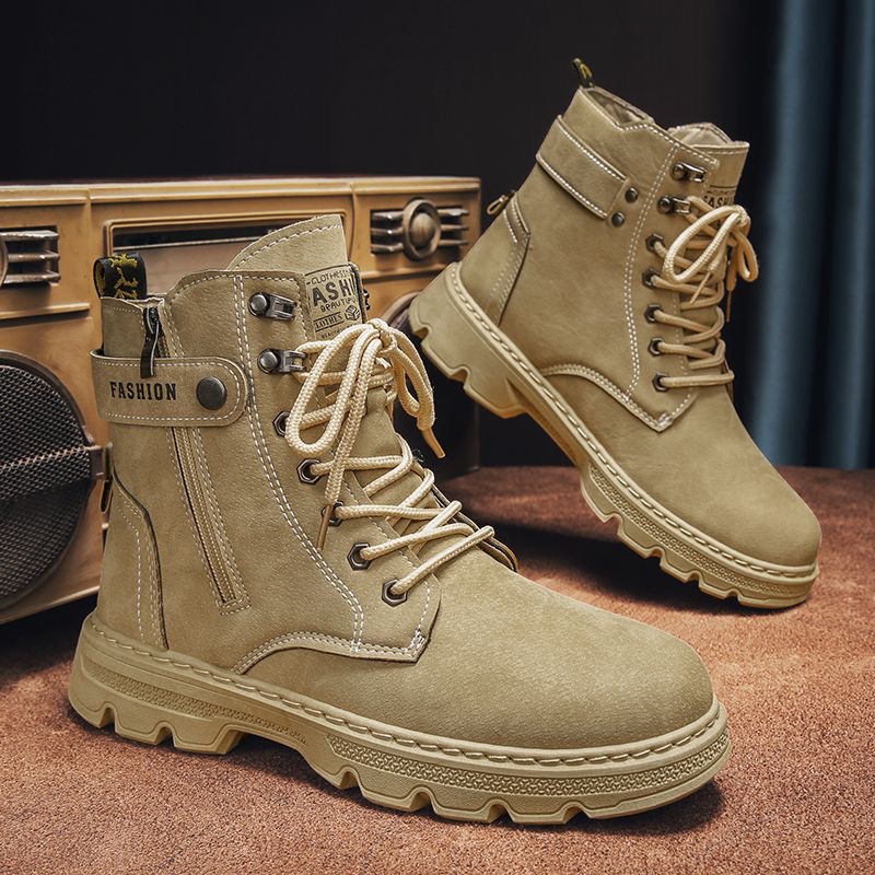 High-top men's shoes, autumn outdoor hiking safety shoes, work boots, leather boots for work, men's motorcycle sports trendy shoes details Picture