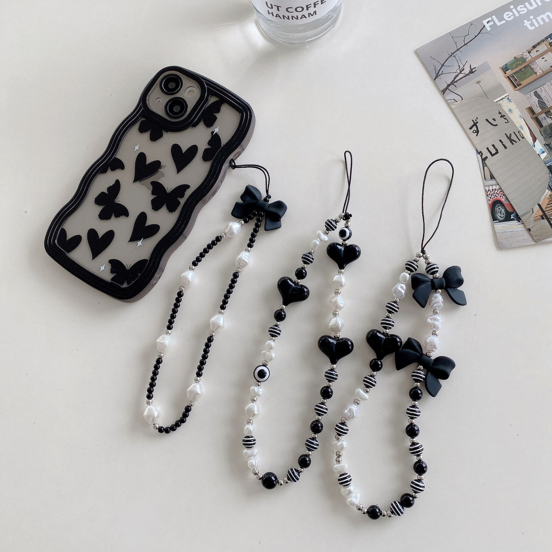 White pearl bow for mobile phone chain, ins simple style square pendant, heart-shaped striped bead accessory, mobile phone lanyard details Picture