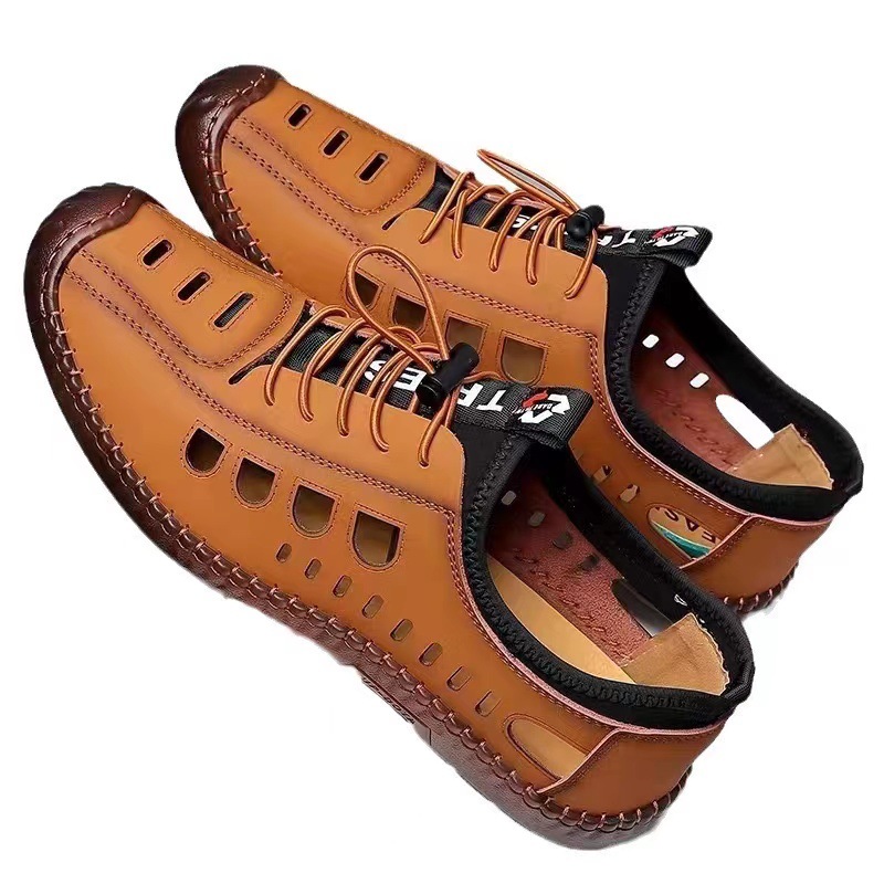 Men's leather sandals, perforated and breathable, 2024 summer new dad shoes, comfortable outdoor net shoes, men's shoes wholesale Item Picture