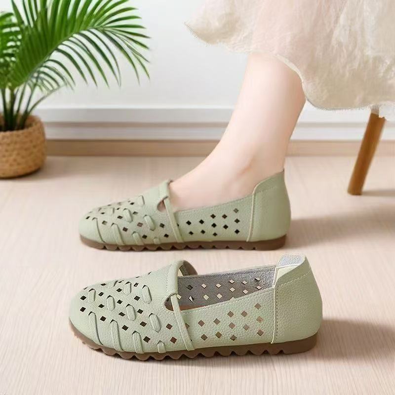 Retro soft-soled single shoes for women 2025 summer new style, perforated, breathable, casual, flat, round toe, comfortable women's shoes Specification drawing